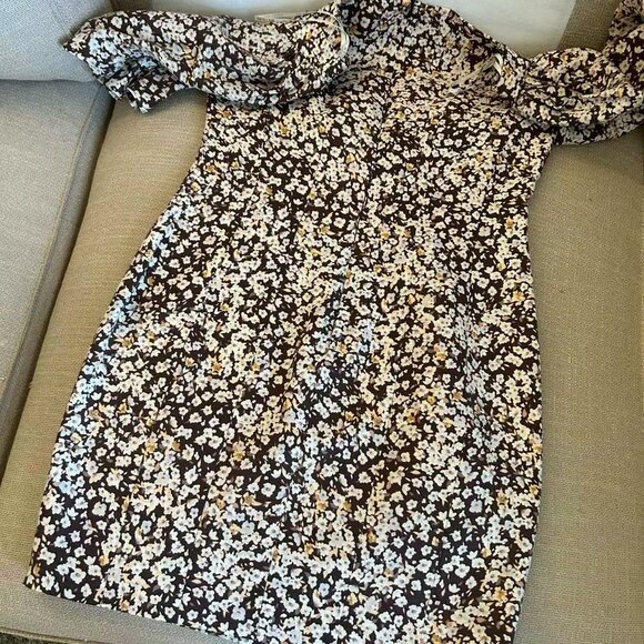 NWT Shona Joy Dahlia OTS Fitted Mini Dress Floral Size8 Brown Cocktail Linen - Picture 8 of 12